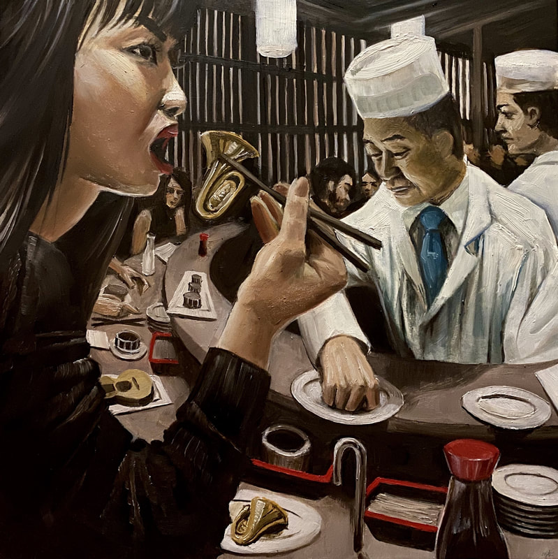 Image Description 2: a painting by Victoria depicting an Asian customer at a restaurant eating a small musical instrument with chopsticks.